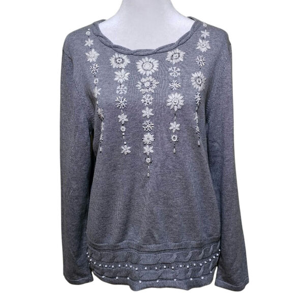 Alfred Dunner Embroidered Beaded Sweater Women's Gray Size Large Petite - Picture 1 of 9
